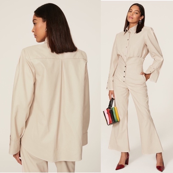 SARA BATTAGLIA Beige Faux Leather Oversized Boxy Snap Button Up Shirt Jacket L - Picture 4 of 13